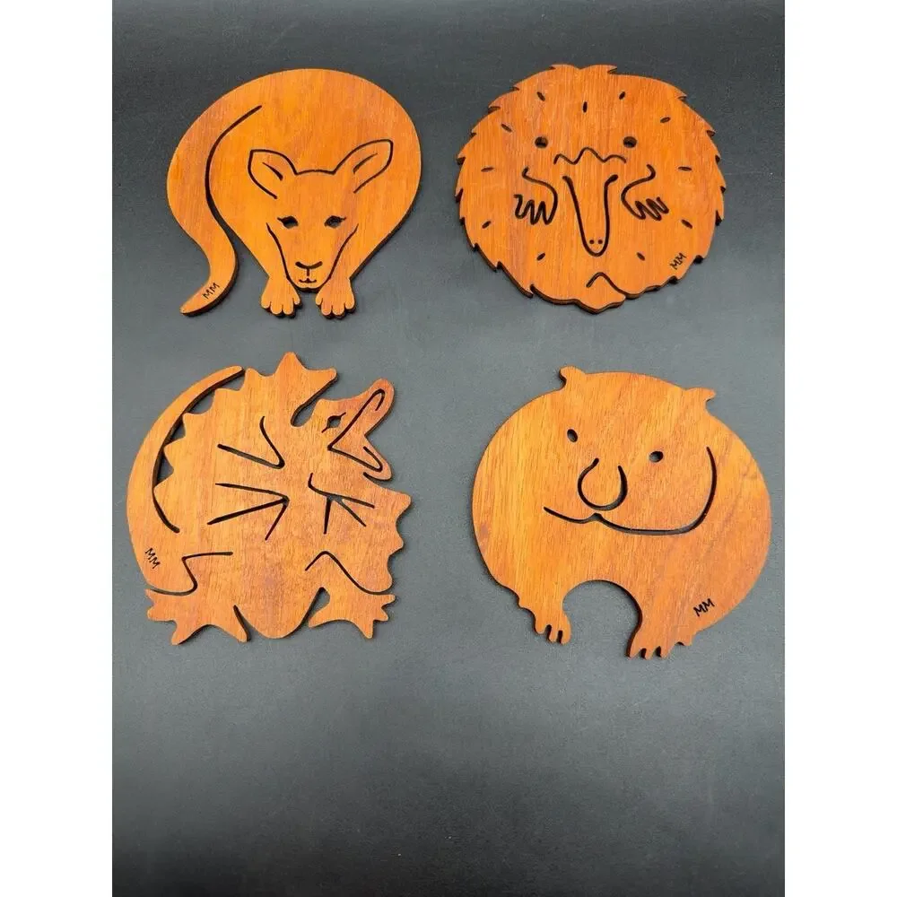 Vintage Mug Mats Australian Wood Animal Coasters Laser Cut MM Set of 4